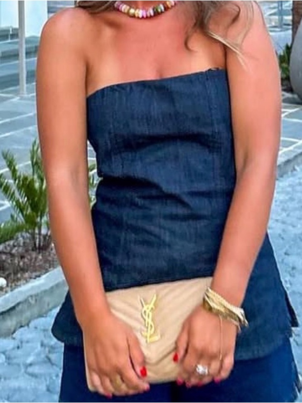 Navy Denim Strapless Top
